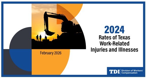 Circular designs, one with men and an excavator silhouetted in the sun beside the words "2024 Rates of Texas Work-Related Injuries and Illnesses."