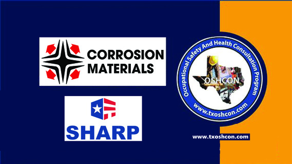 Logos from Corrosion Materials, SHARP, and OSHCON appear on on gold and blue background.