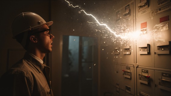 A man wearing a hard hat watches as an electrical arc flashes outward from an industrial circuit box.
