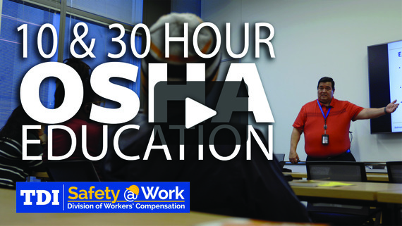 The words "10 & 30 HOUR OSHA EDUCATION" are by a man pointing toward a projector screen in a classroom of students.