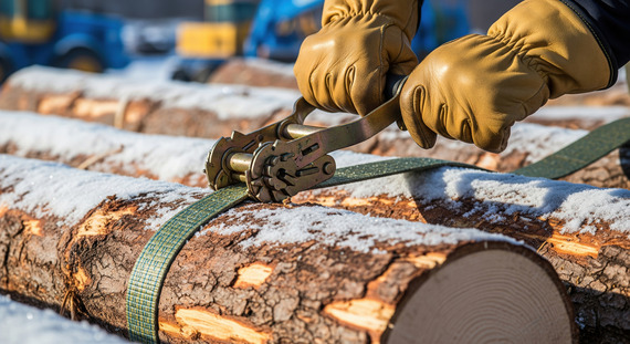 A person wearing leather gloves tightens cargo straps around some logs.