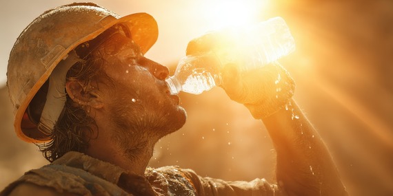 The sun bares down on a sweaty worker wearing a hard hat and drinking bottled water.