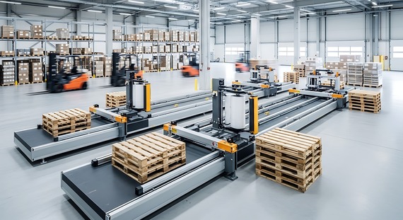 A modern warehouse with forklifts, shelving, pallets, and conveyor belts.