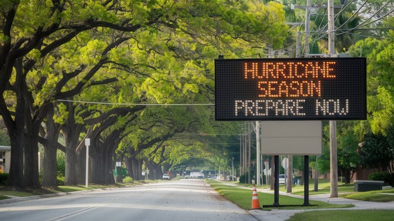 An electronic road sign displays the words, "HURRICANE SEASON PREPARE NOW."