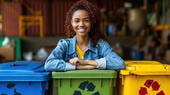 A woman leaning against some recycling bins in a storage area.