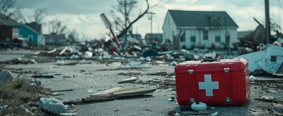 A first aid kit rests on wet pavement amid scattered debris following a natural disaster.