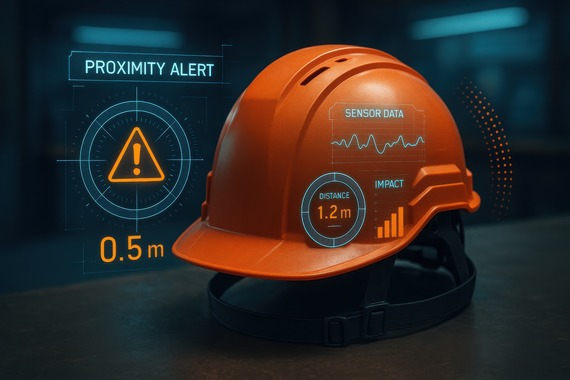 A smart hard hat with overlays of sensor data that can be collected from and sent to the device.