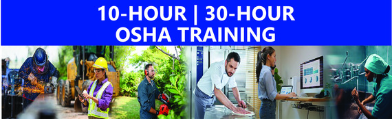 "10-HOUR | 30-HOUR OSHA TRAINING" written above a collage of people representing various industries.