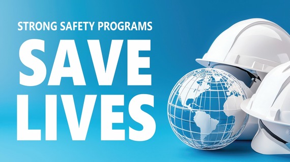Three white hard hats on a blue background sit around a white globe to the right of the words, "STRONG SAFETY PROGRAMS SAVE LIVES."