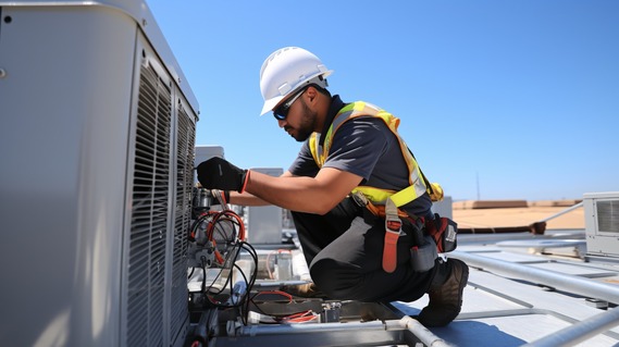 A technician wearing a hard hat, protective eyewear, and gloves works on an HVAC system on top of a building.
