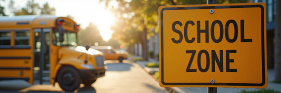 A school bus is beside a "School Zone" road sign.