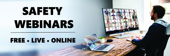 "Safety webinars: free-live-online" beside a man on his computer.