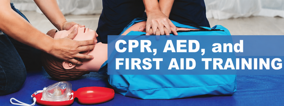 CPR, AED, and FIRST AID TRAINING banner with people in the background performing CPR.