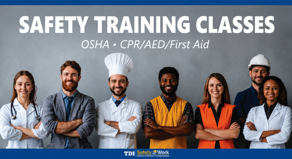 Seven people dressed in different industry clothes stand below the words, "Safety training classes: OSHA -CPR/AED/First Aid."