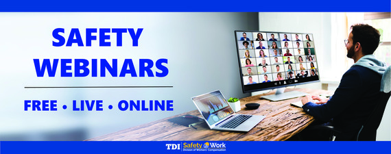 The words, "Safety Webinars: Free-Live-Online," are beside a man seated at a computer listening to a webinar.