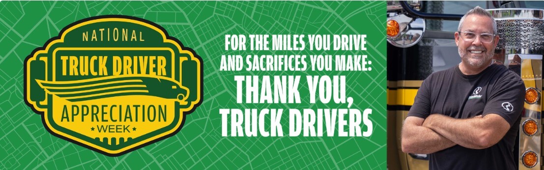 A man stands with arms folded beside a seal that reads, "National Truck Driver Appreciation Week."