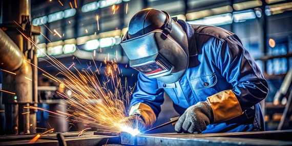 A welder wearing a protective helmet, gloves, and blue coveralls welds metal in a manufacturing facility as bright sparks fly from the work area.