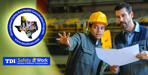 Two workers in an industrial facility review a large document. OSHCON and TDI Safety@Work logos appear on the left.