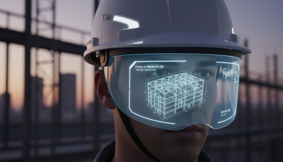 An employee at a construction site wears a digital helmet-mounted display