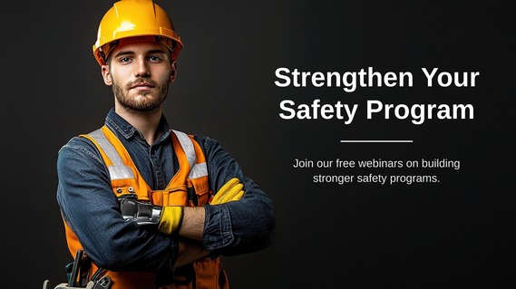 Construction worker beside the words, "Strengthen Your Safety Program. Join our free webinars on building stronger safety programs."