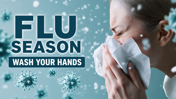 A  woman sneezes beside the words, "Flu season. Wash your hands."