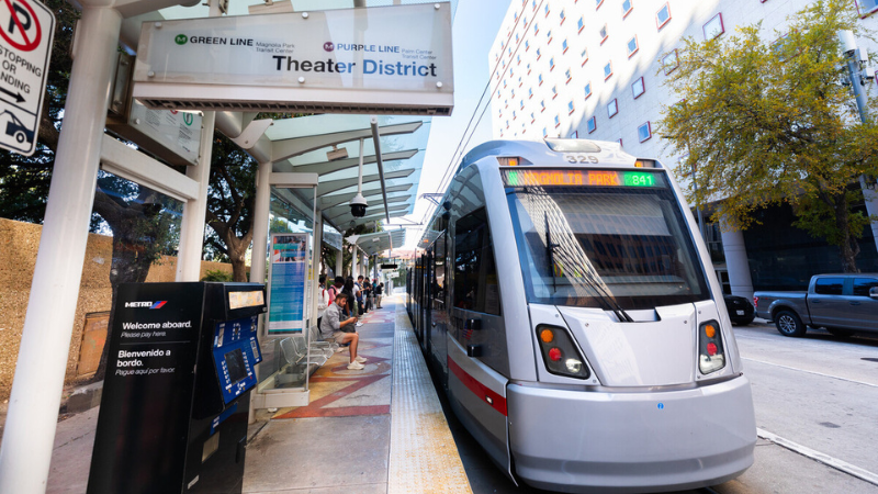 METRORail Train Sits at Theater District Station Platform