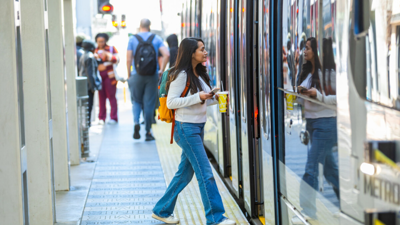Woman walks on to METRORail Train
