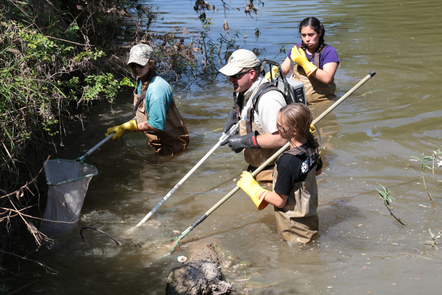 adult wearing electrofishing backpack standing in stream with two youth holding fish nets