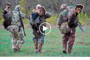 3 hunters walking with turkeys on their backs, video link