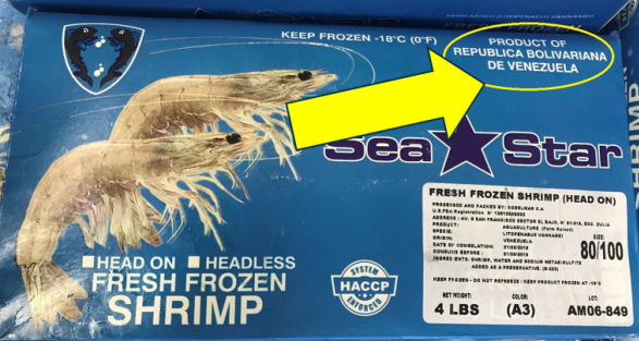 Frozen shrimp package, with arrow indicating place of origin