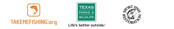 Logos for Takemefishing.org, Texas Parks & Wildlife, and Sport Fish Restoration