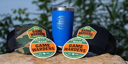 Image of Friend of Texas Game Warden hats, stickers, and drink tubmler.