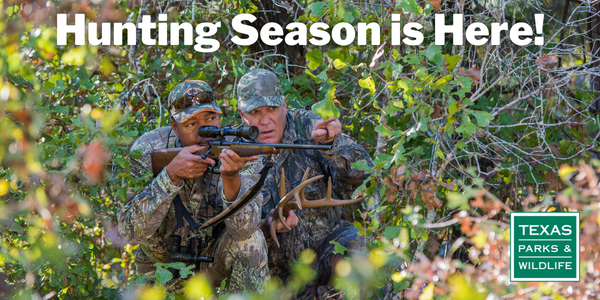 Image of two men in camouflaged gear crouched in the woods, one is pointing a hunting rifle. 