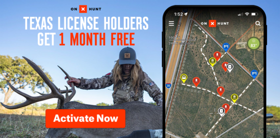 Image of a woman kneeling over a large buck. Text reads - onX Hunt. Texas License holders get 1 free month. Activate now. 