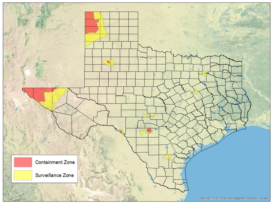 A map of Texas showing the CWD zones