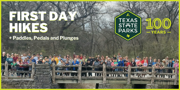 A large group of people standing together on a bridge in a park.