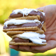 Image of a hand holding a stacked s'more