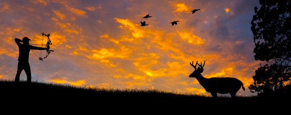 Silhouette of bowhunter in sunrise