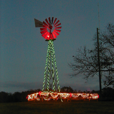 Windmill decorated with lights at Brazos Bend.