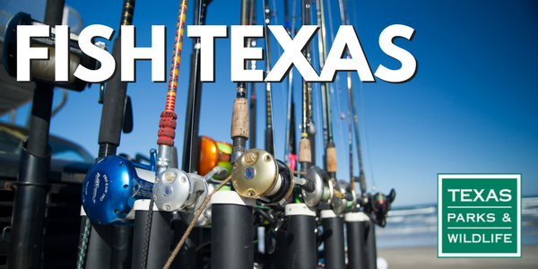 Fish Texas header with broad font and upright fishing rods