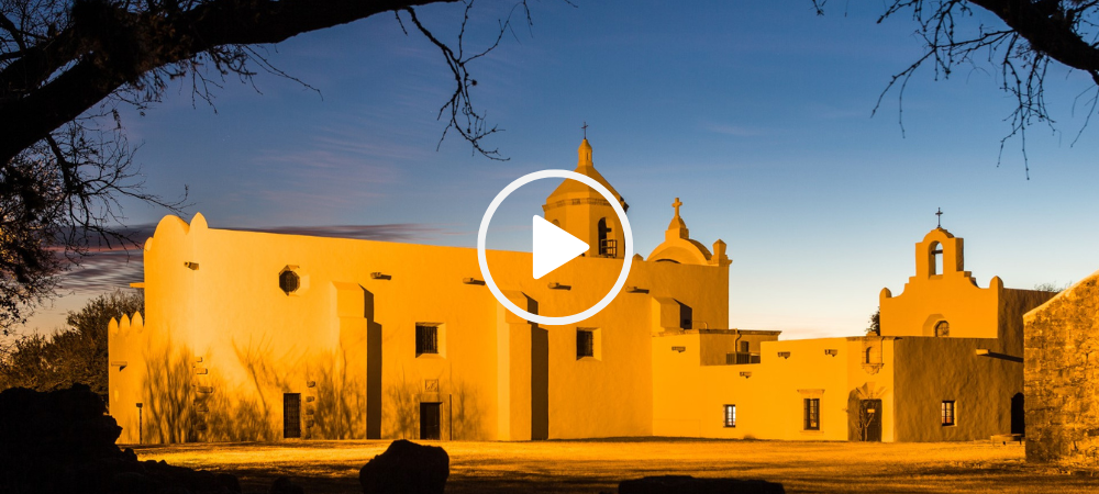 Mission Espiritu Santo at twilight, Goliad SP, link to video