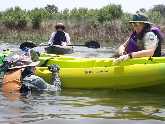 Person in the water practicing a kayak assisted rescue