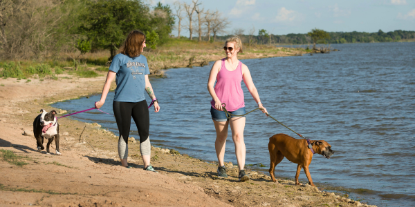 Two women hiking with dogs along Lake Somerville.