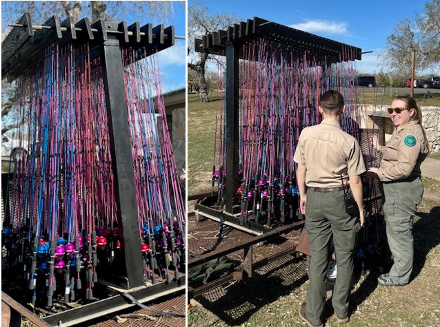 2 pictures of a rod rack built and used at a state park