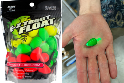 Picture of slotted bobbers and an example with a glo stick