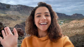 Woman using park background during video chat