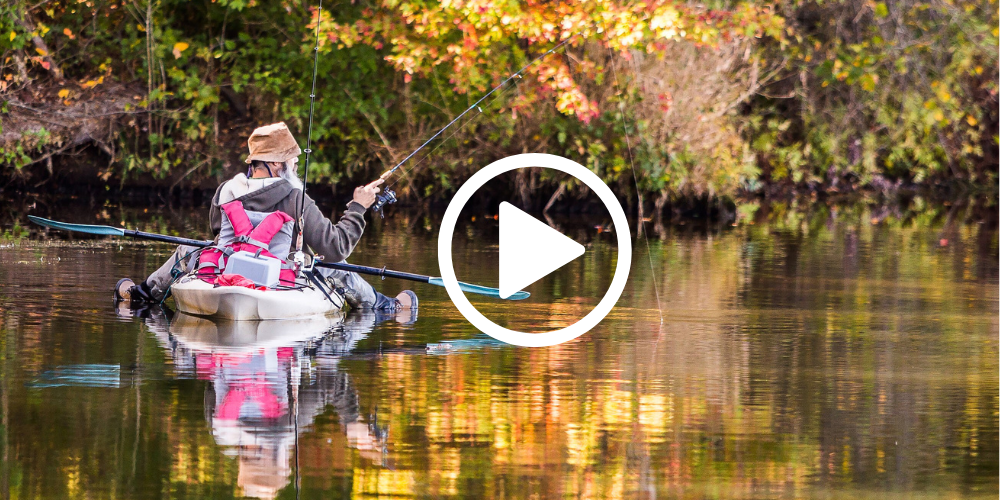 Angler in kayak near fall foliage, video link