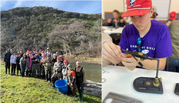 2 pictures: participant fly tying and water sampling