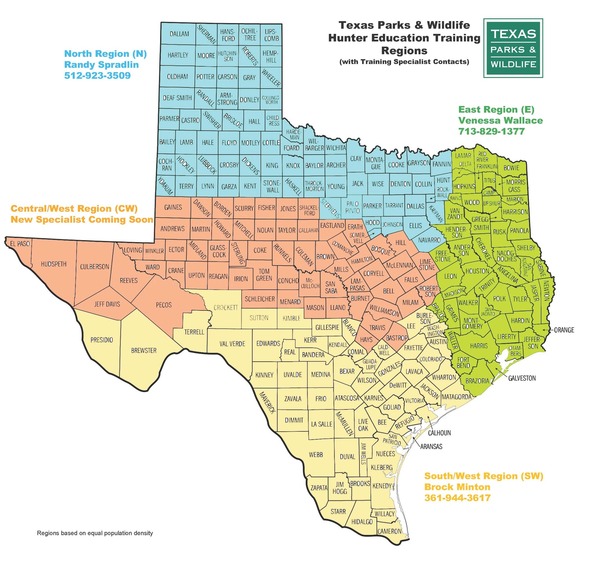Map of Texas with Hunter Ed regions