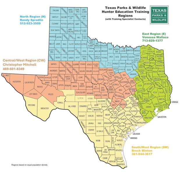 Map of Texas hunter ed regions in color